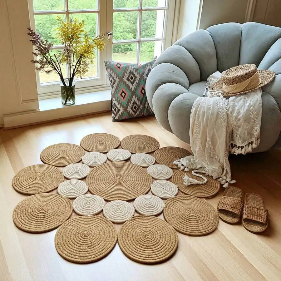 Bohemian style hand-woven linen fiber round rug, beige non-slip rug, suitable for living room, garden, bathroom, kitchen, machine washable and pet-friendly