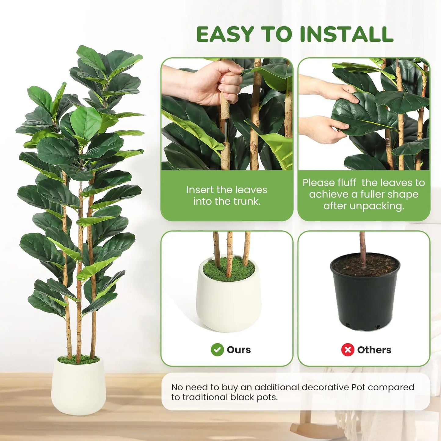 Artificial Fiddle Leaf Fig Tree with White Planter, 5/6/7 ft Tall Fake Plant with Natural Wood Trunk, Faux Ficus Tree Potted Moss for Home Office Living Room Decor