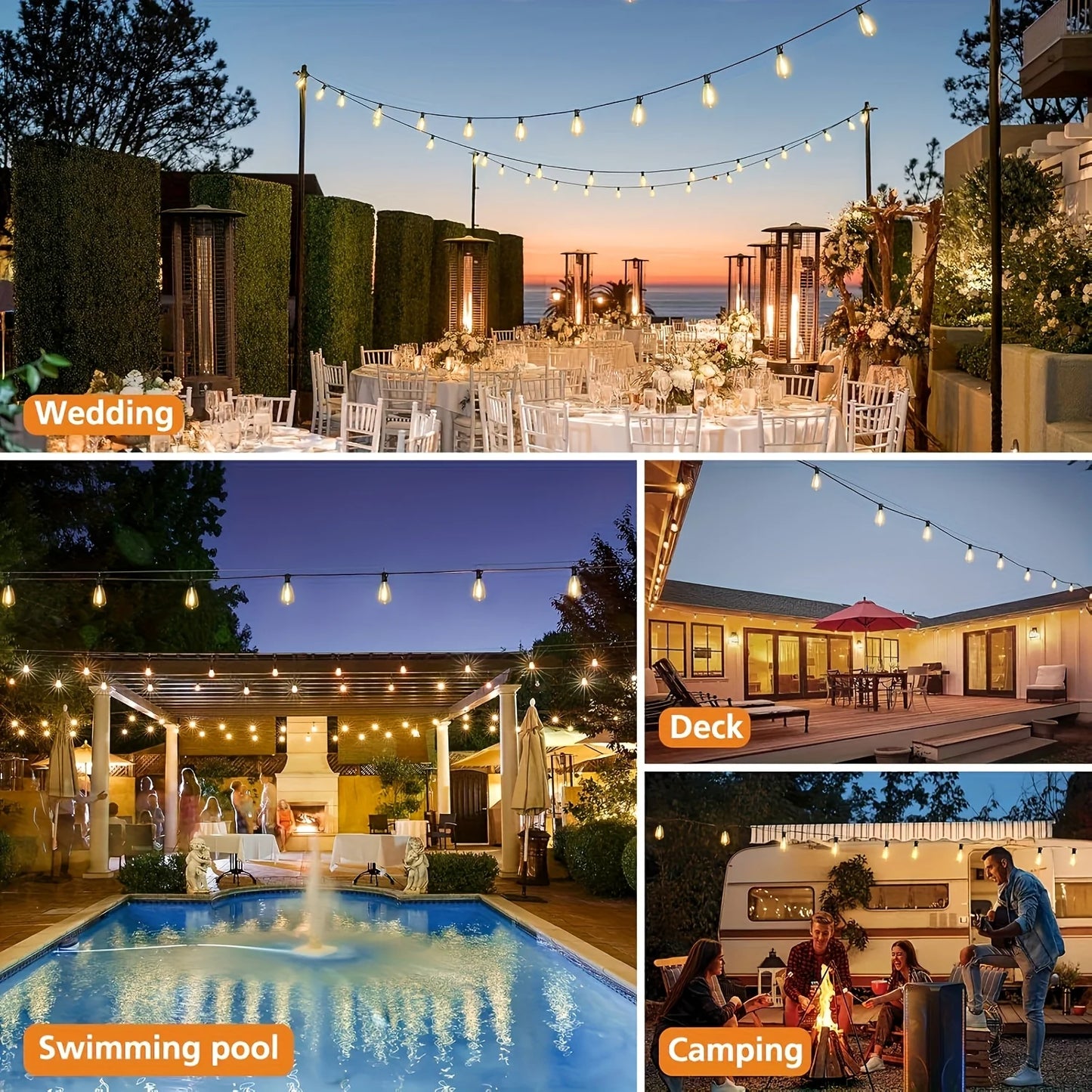Solar Outdoor String Lights ST38 Patio Lights Waterproof for Porch, Deck, Garden, Backyard, Balcony, 2700K