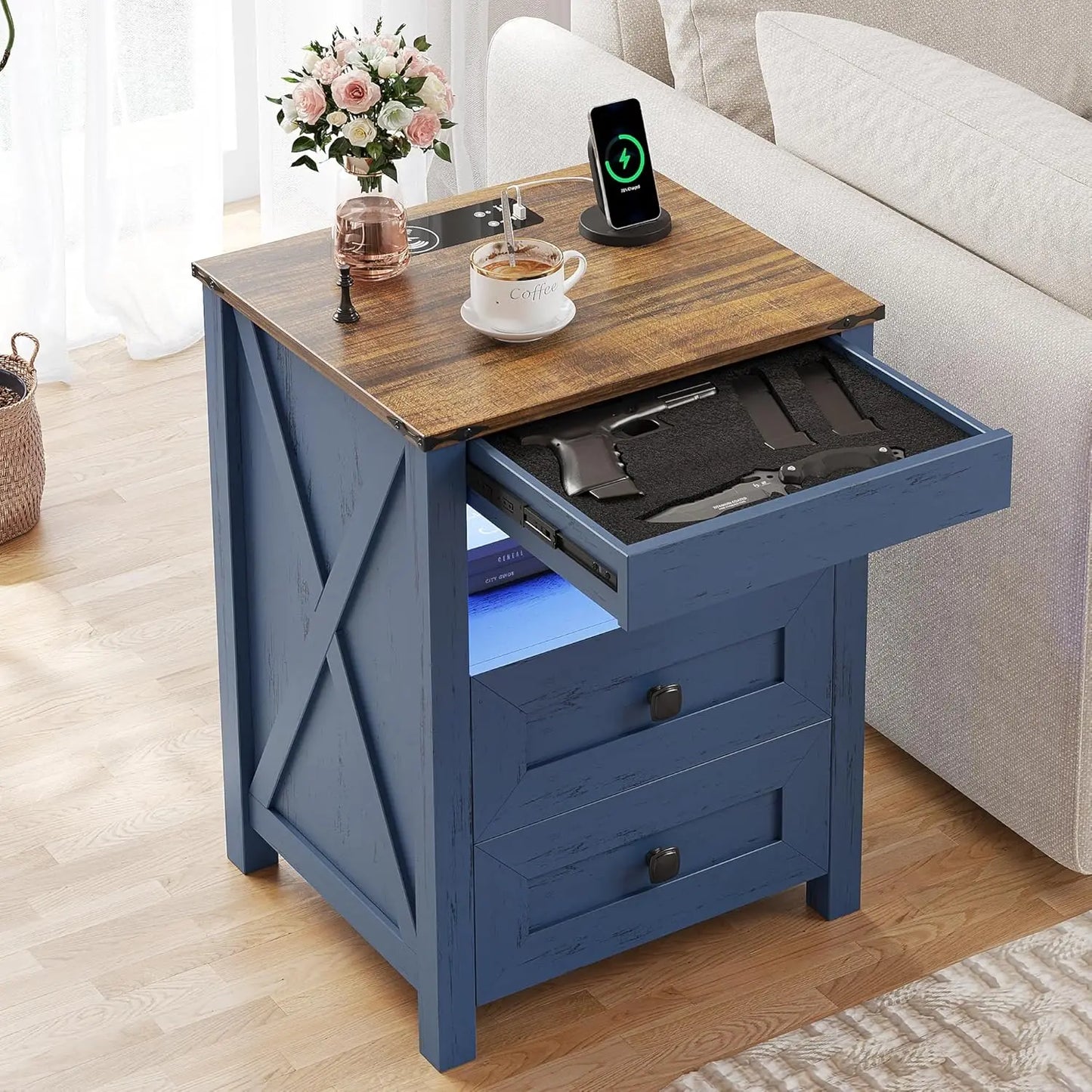 LED Nightstand with Gun Drawer: Bedside Table with Charging Station for Bedroom Furniture – Farmhouse Night Stand, Customized