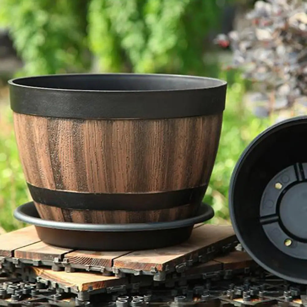 Rustic Farmhouse Whiskey Barrel Planter - Faux Wooden Plastic Flower Pot with Drainage Holes Home Garden Patio Yard Decor