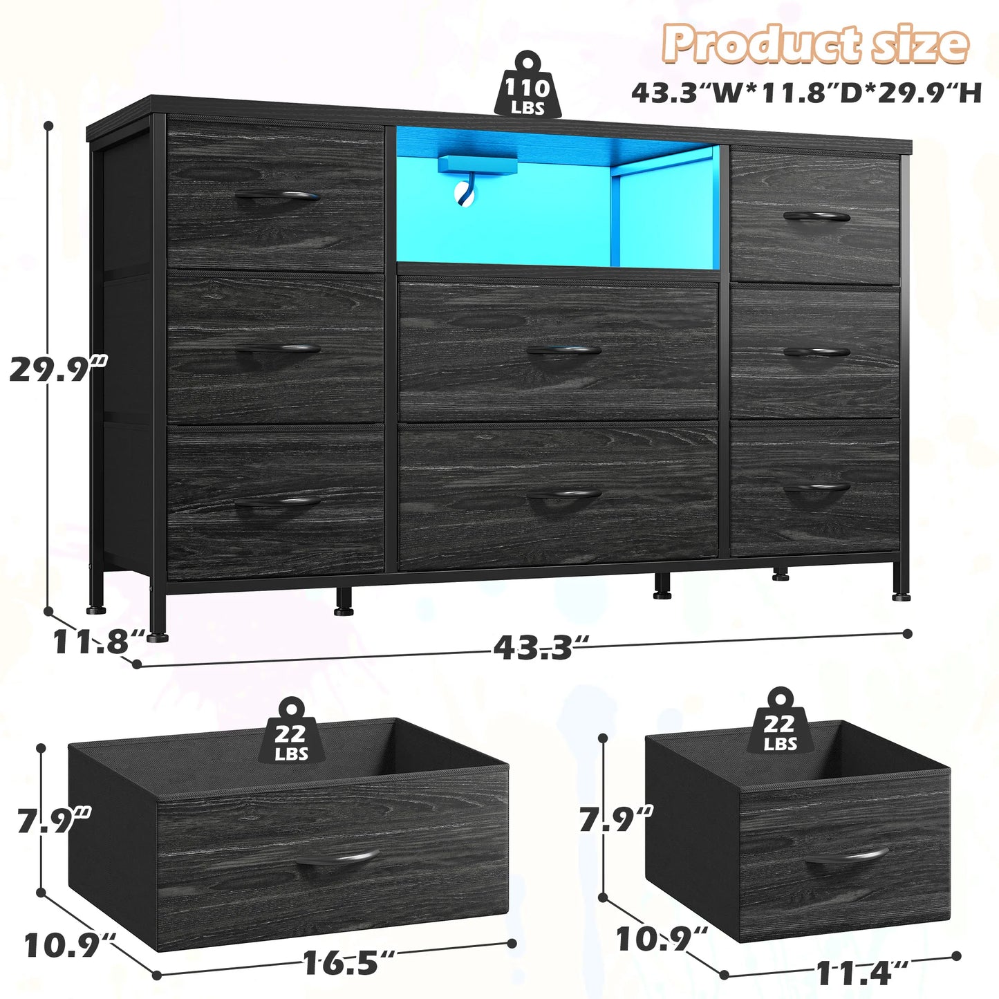 EnHomee 8-Drawer Media Dresser With LED Lighting And Built-In Charging