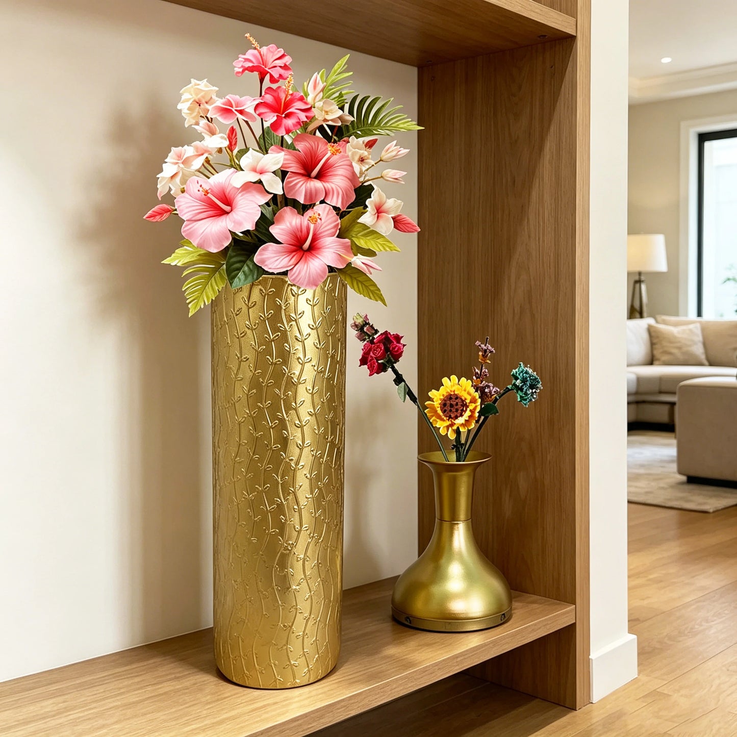 Modern White Metal Floor Vases Set of 3, Tall Gold Leaf Glazed Cylindrical Vase for Entryway Living Room Home Decor