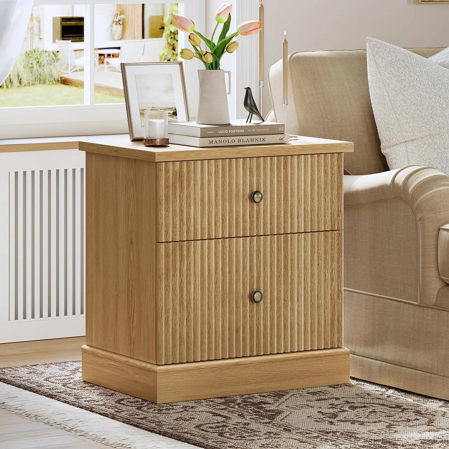 Fluted Nightstand With Drawers, Mid-Century Modern Bedside Table, Slim Storage Cabinet With Heavy-Duty 125 Lb Top For Bedroom