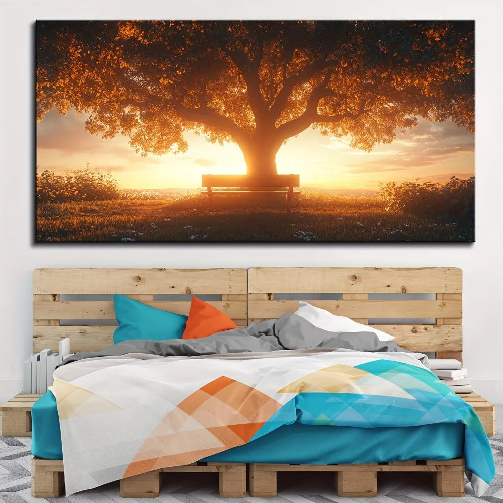 Sunset Tree Golden Sunset Forest Wall Art in Pine Frame