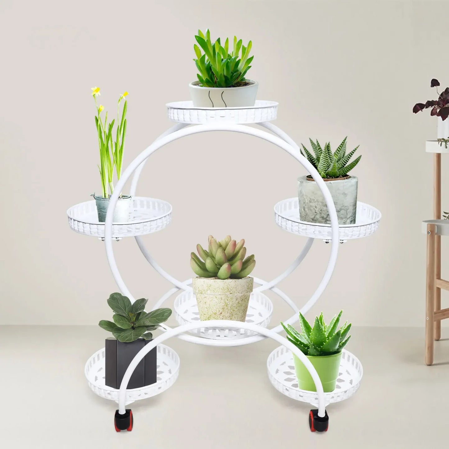 Durable Metal Plant Stand For Six Pots With Wheels