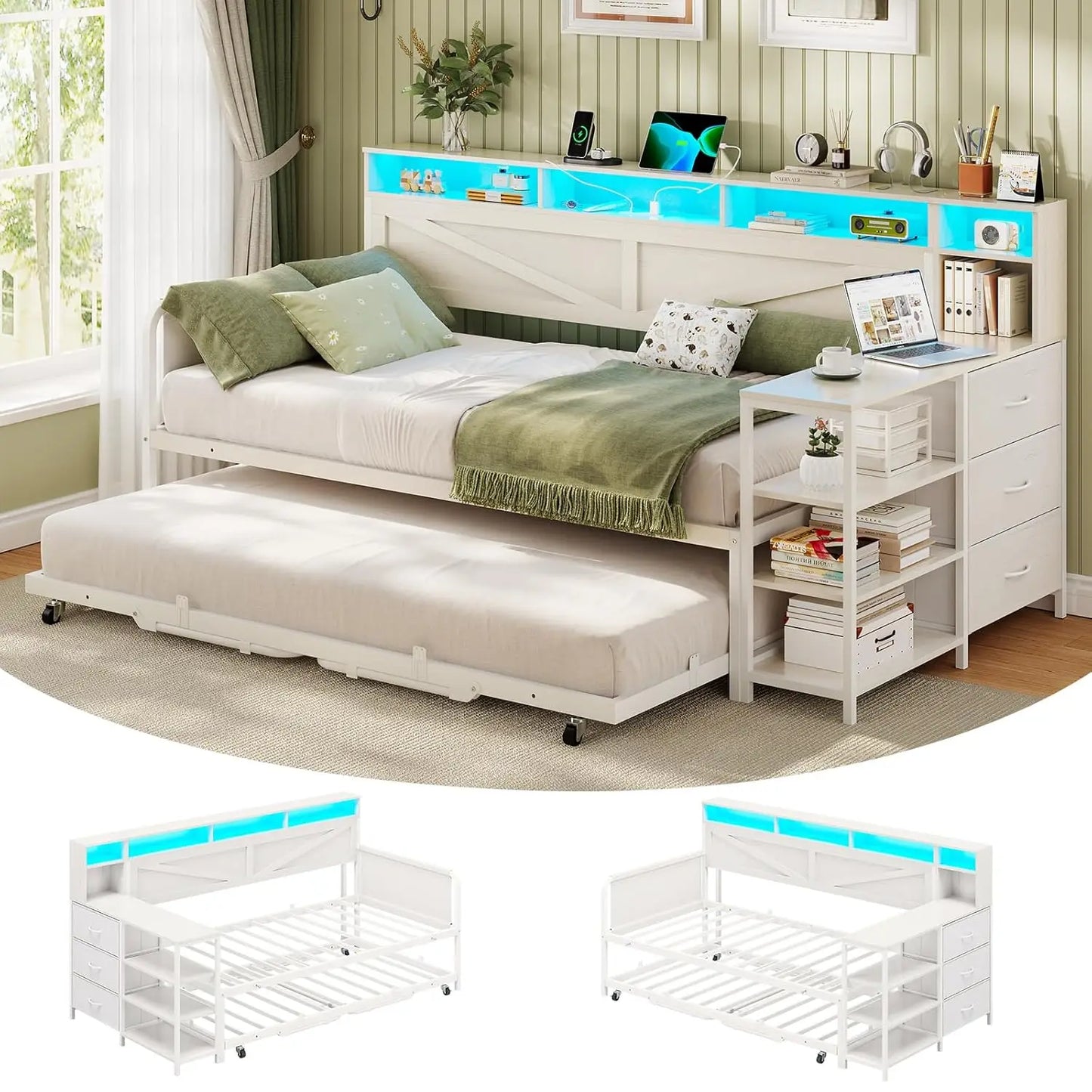 Folded Twin Daybed With Pop Up Trundle And Storage Drawers