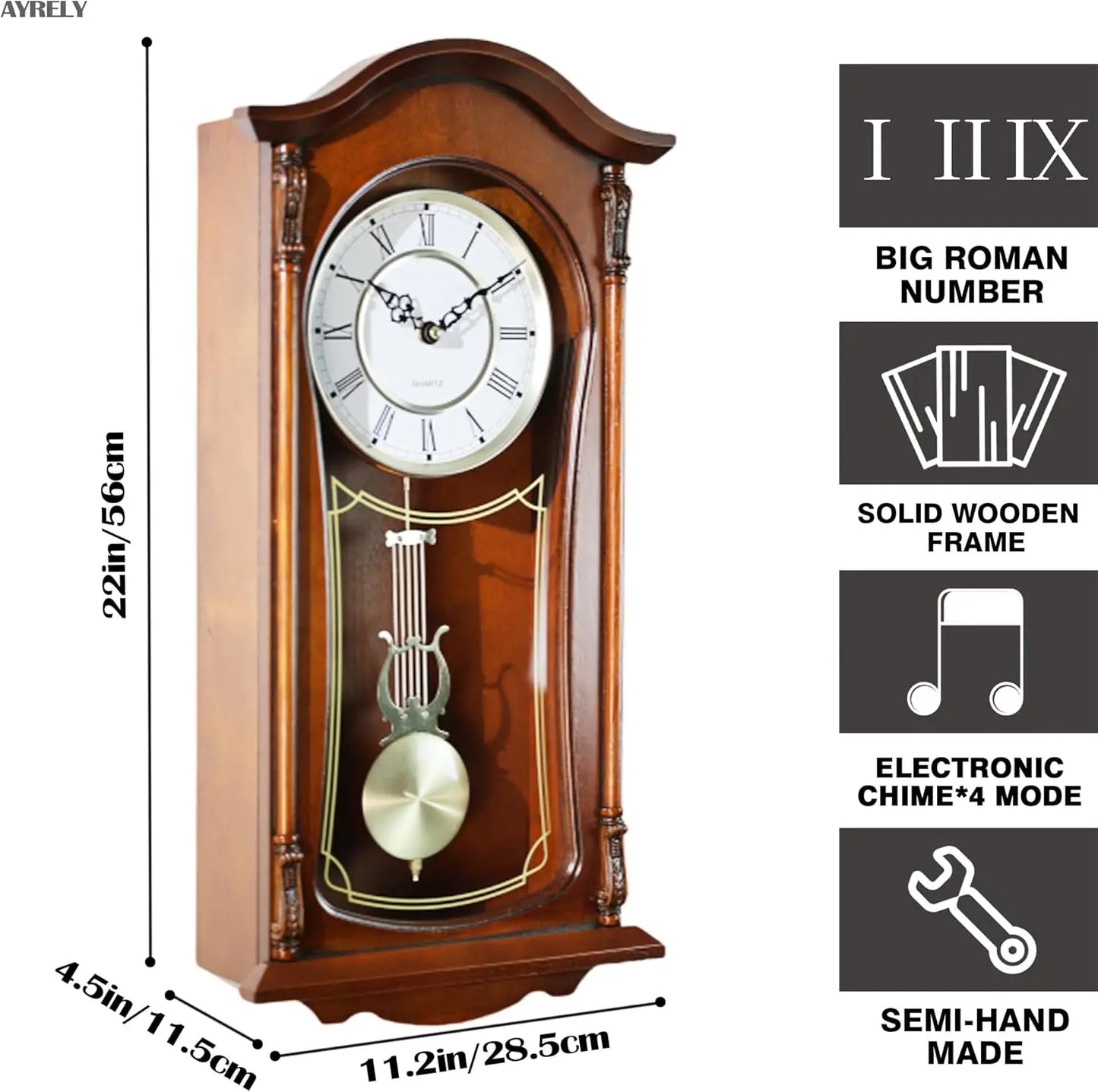 Vintage Grandfather Wall Clock With Pendulum And Chime In Mahogany Wood