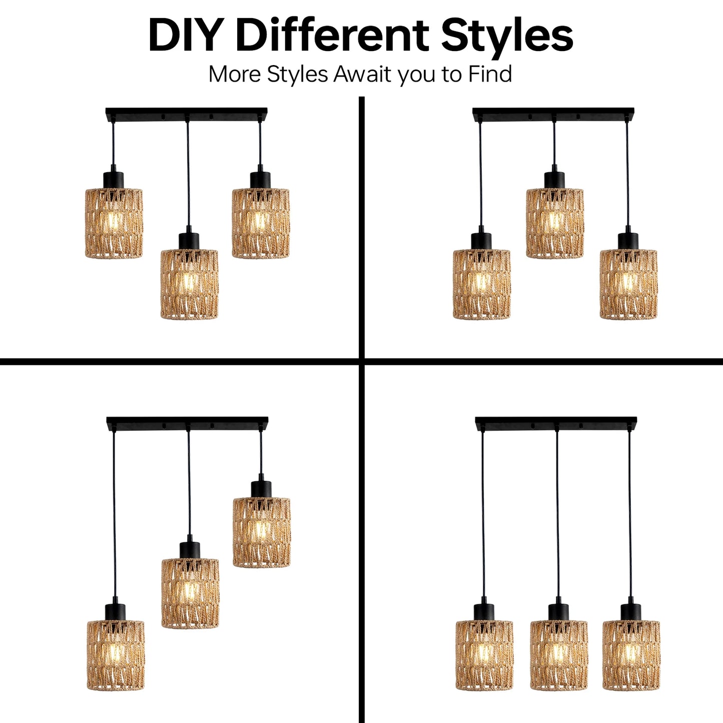 Light Pendant Lighting, Farmhouse Boho Hanging Light Fixture for Kitchen Island & Dining Room, Industrial Vintage Ceiling Lamp with E26 Base, Adjustable Height, Rattan Pendant Light