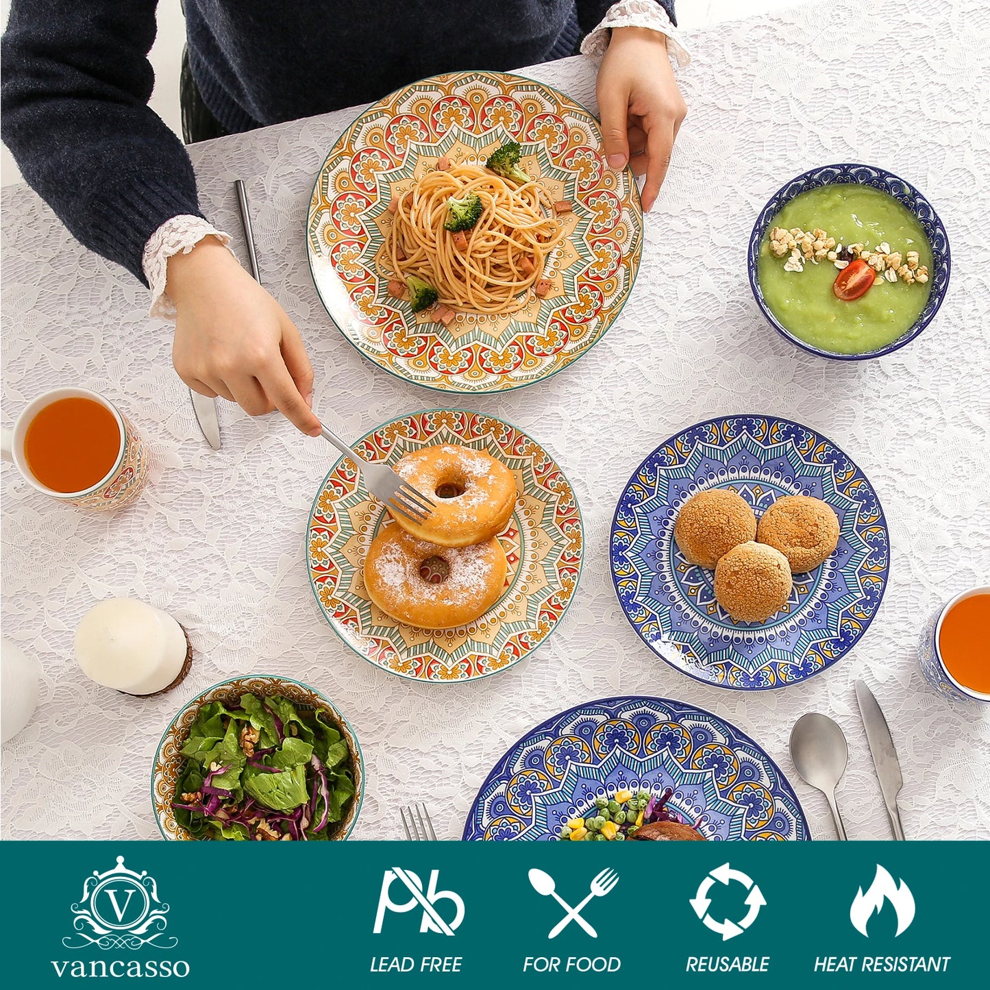 MALACASA Mandala Geometric Ceramic Dinnerware Set Porcelain Plates