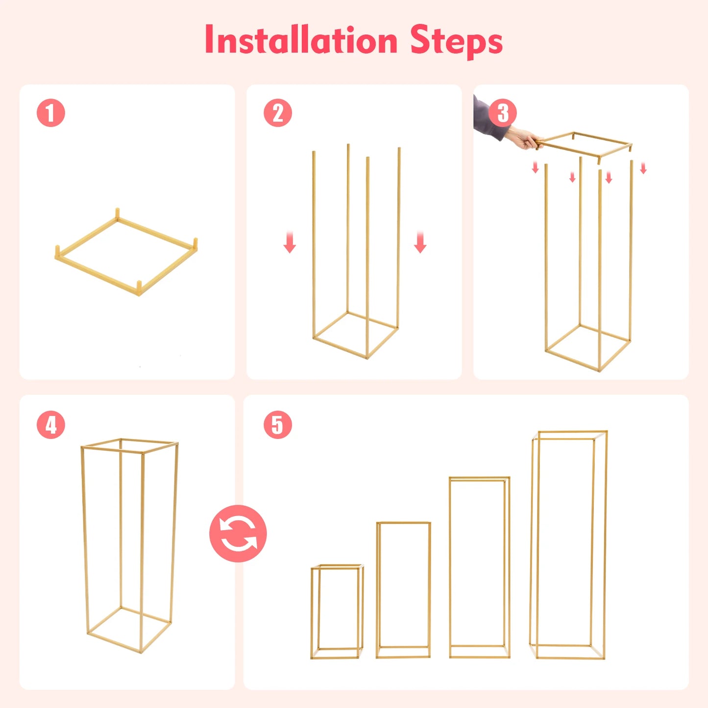 4Pcs Wedding Flower Stand Set, Gold Metal Column Rack Floor Geometric Display Stand Wedding Centerpieces Party Prop Decor Holder
