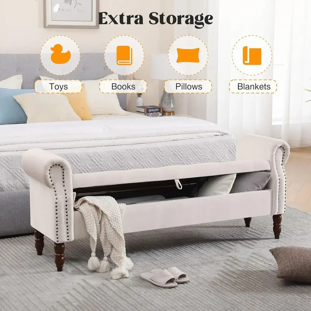 Velvet Storage Bench With Arms Upholstered Ottoman For Bedroom And Living Room