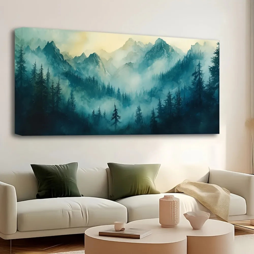 Pine Solid Wood Frame Wall Art Fog Forest Fabric Print Painting