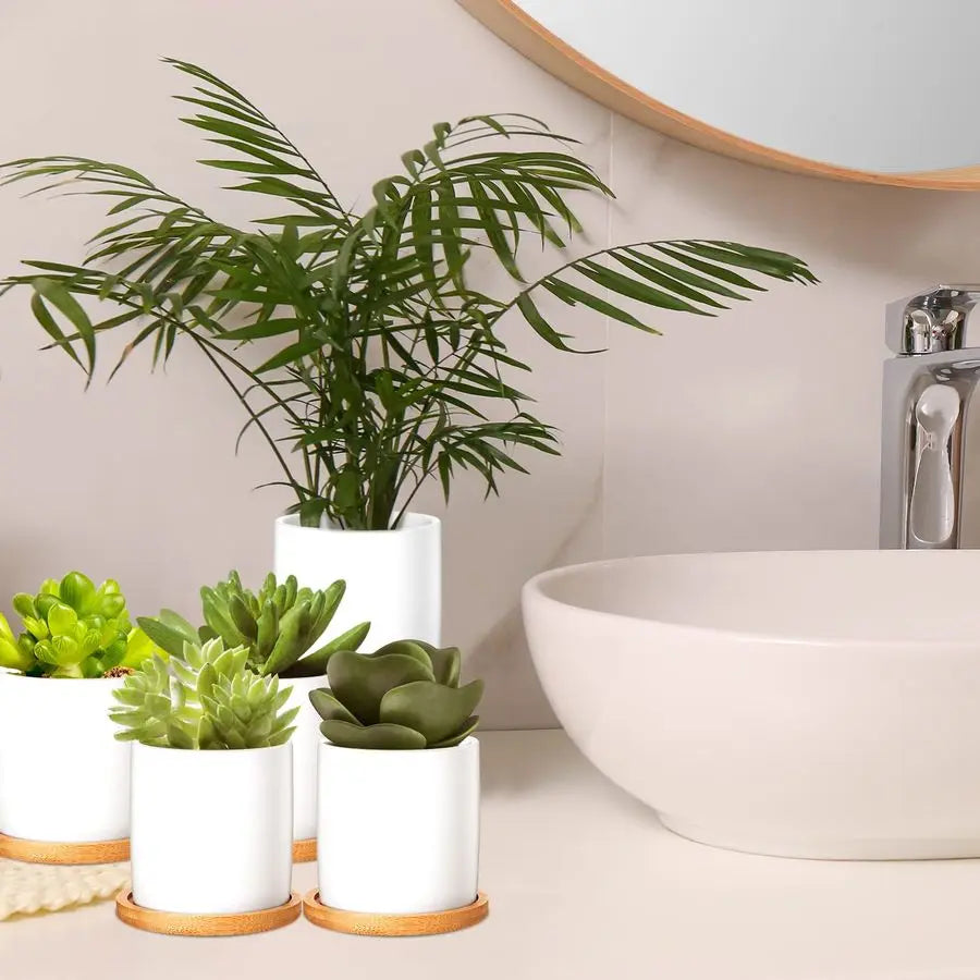 12 Pack Ceramic Succulent Pots With Bamboo Tray And Drainage Hole