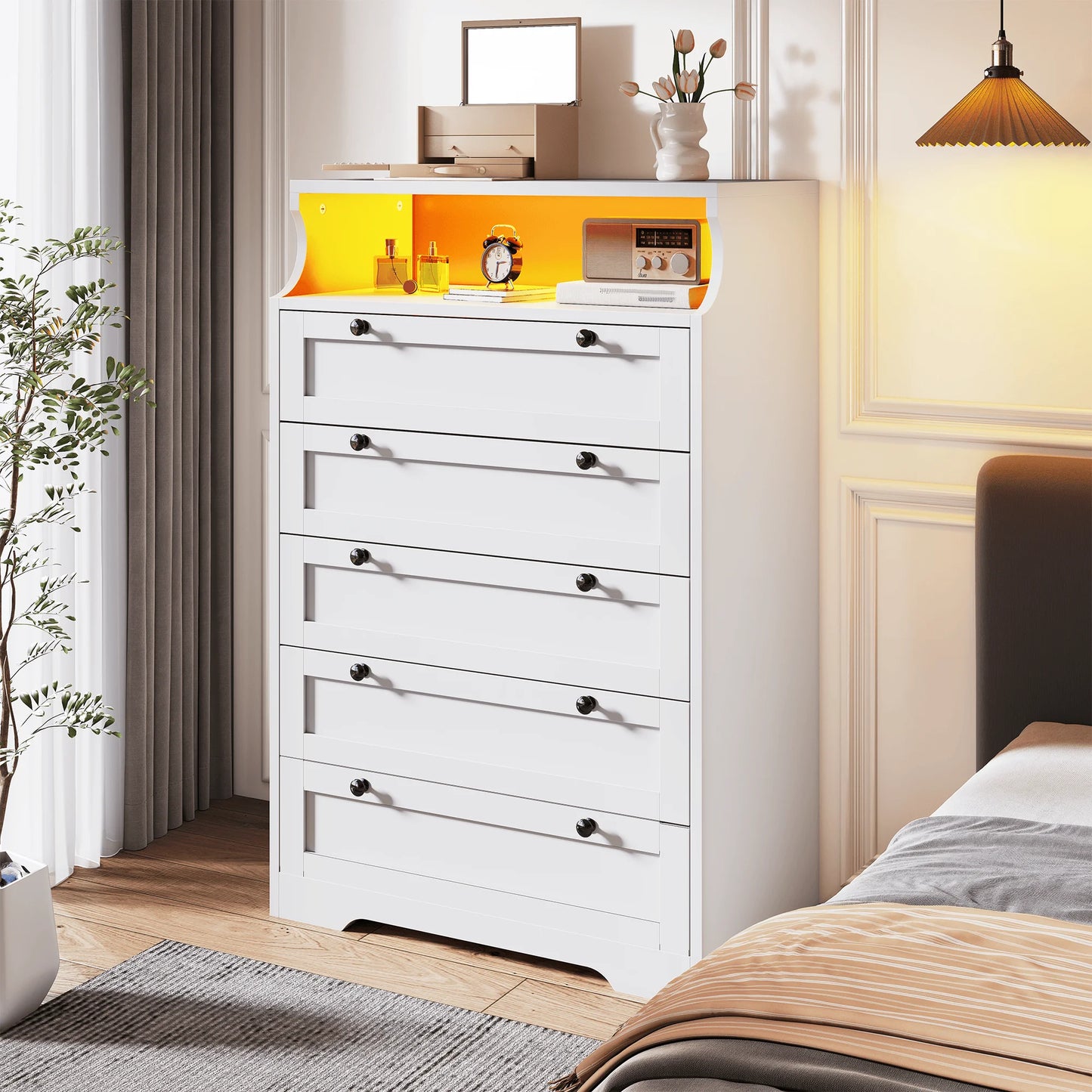 5 Drawer Dresser With LED Lights And Shelves For Bedroom