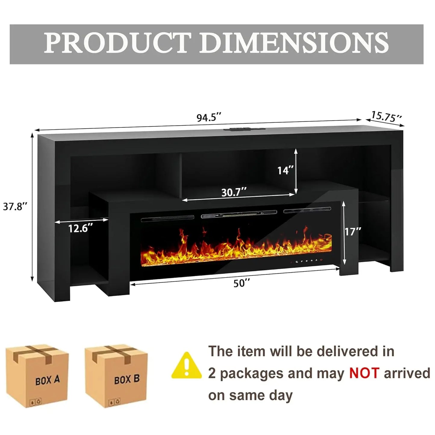 94.5" Fireplace TV Stand for TVs Up to 100", Gaming LED Entertainment Center with 50" Electric Fireplace, Modern High Gloss Medi