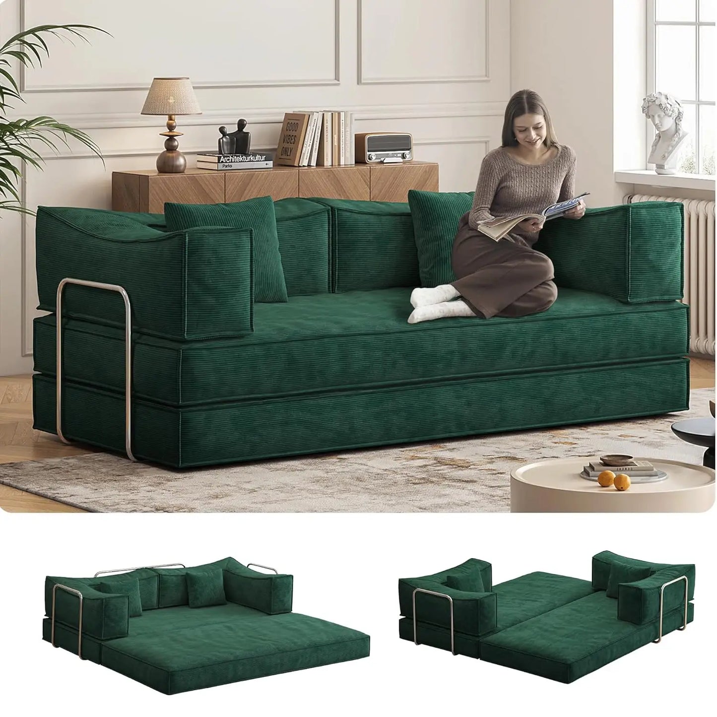 Corduroy Convertible Sofa Bed With Pillows
