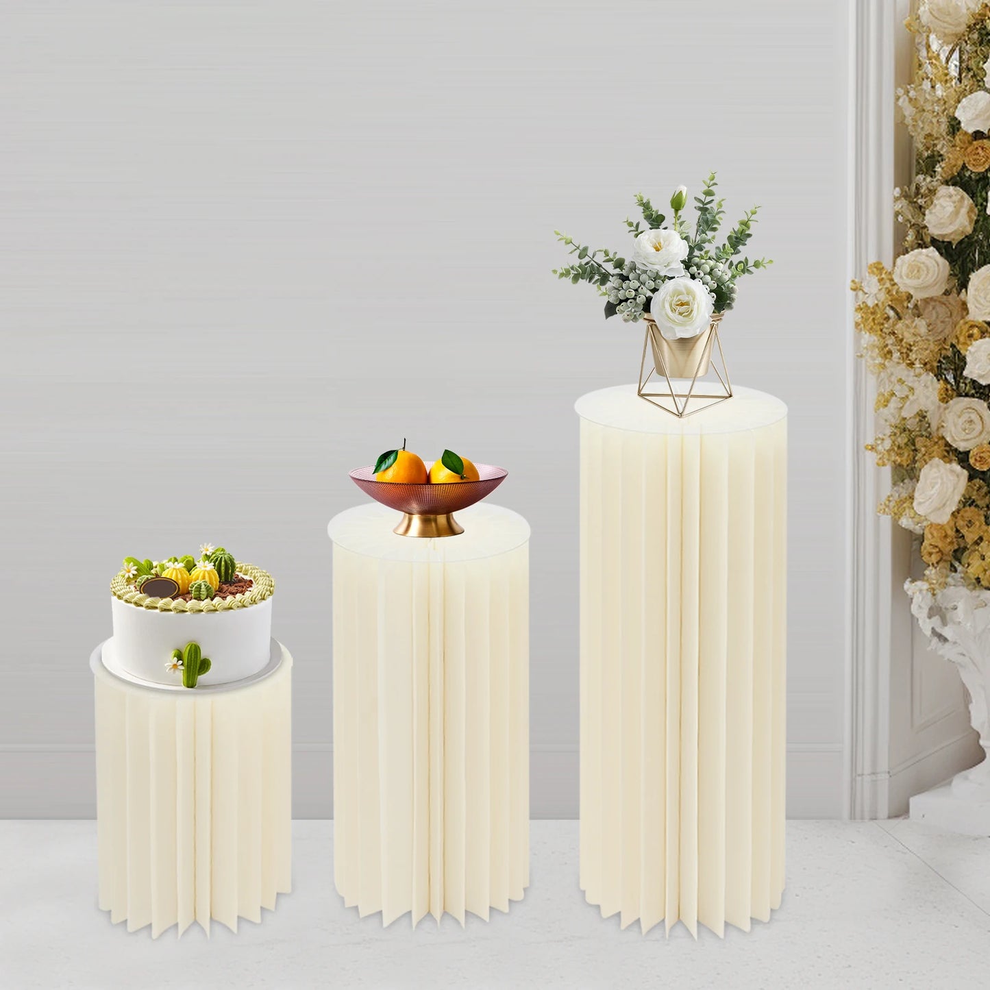 3pcs Foldable Cardboard Flowers Stand,Milky White Round Cylinder Centerpiece Display Stand, for Wedding Party Garden Decoration