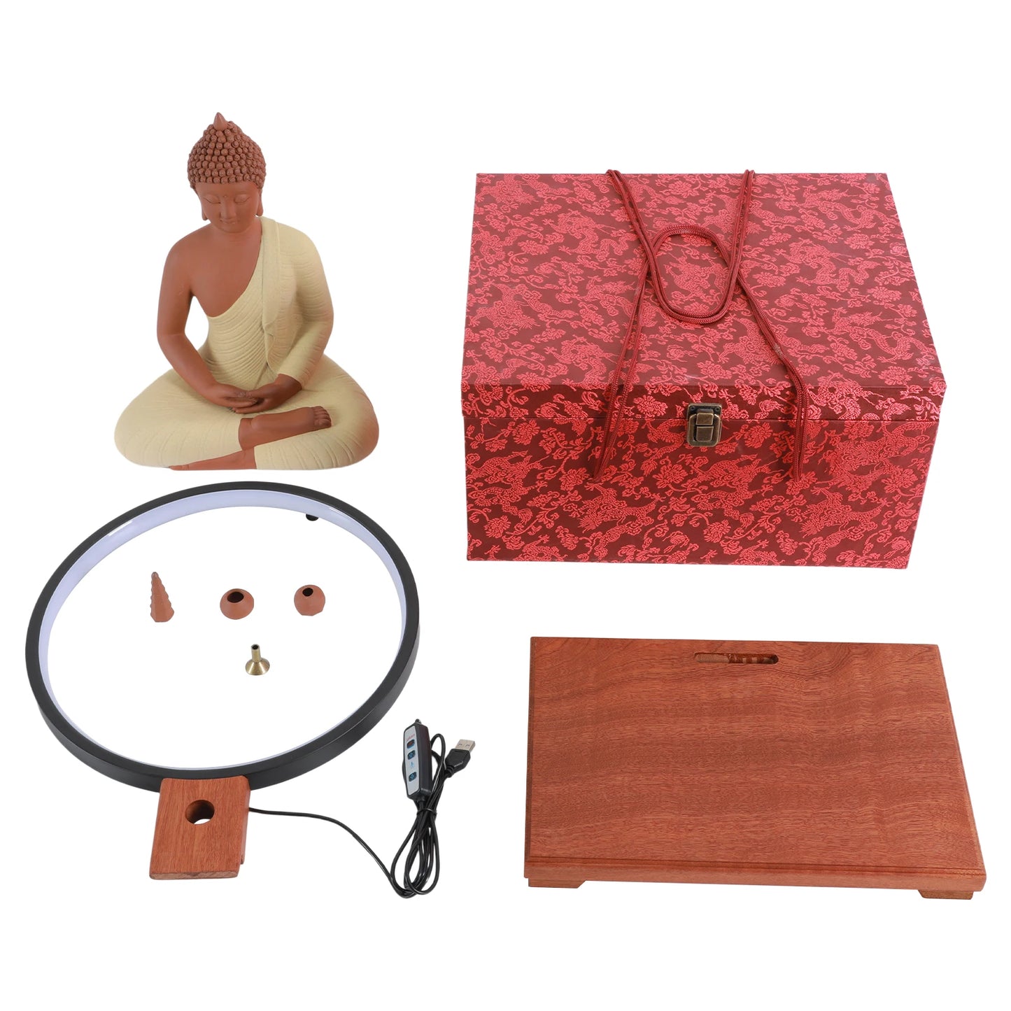 Ceramic Buddha Statue with LED Halo Ring Light, Amitabha Figurine on Wood Base, 6 Brightness Levels USB Powered, Meditation Home Decor, Purple Sand Yellow, 23x14x30cm