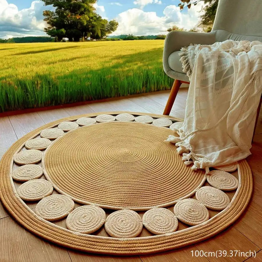 Bohemian style hand-woven linen fiber round rug, beige non-slip rug, suitable for living room, garden, bathroom, kitchen, machine washable and pet-friendly