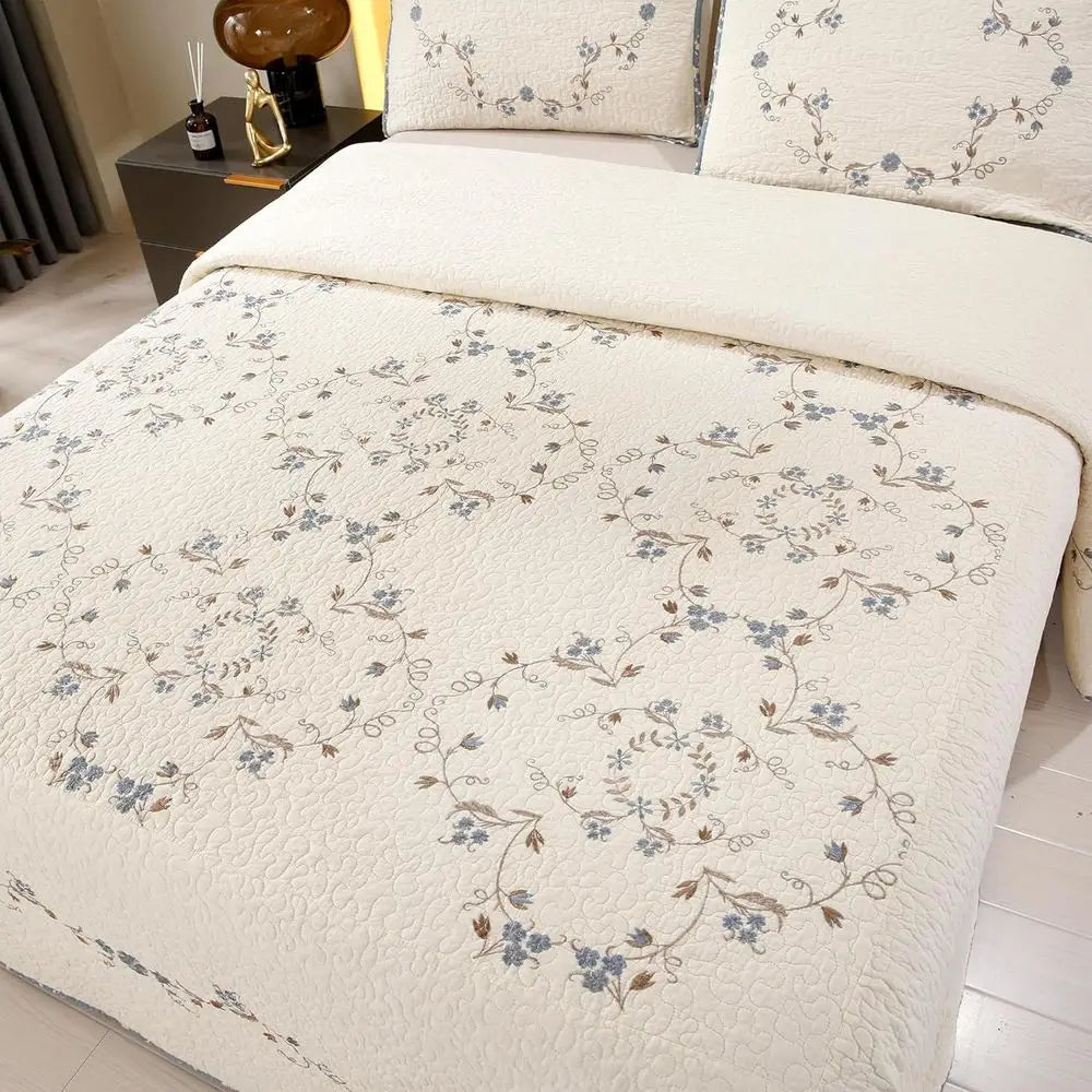 3D Embroidered Cotton Reversible Quilted Bedspread Set