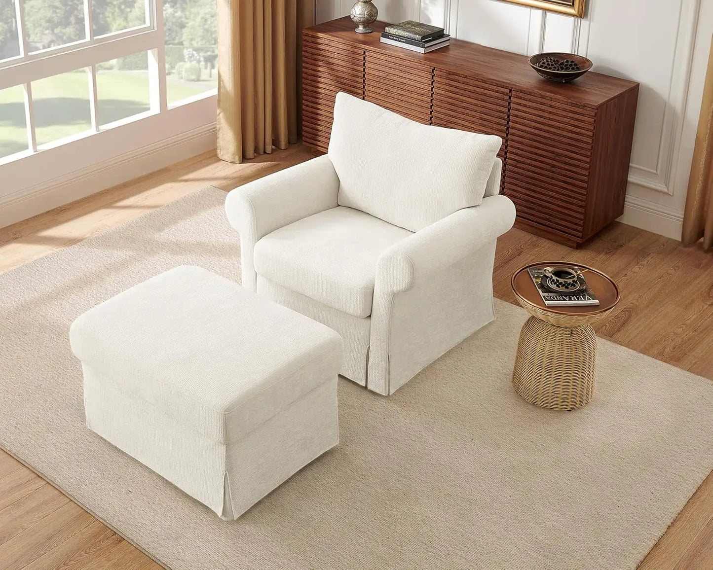 Modern Chenille Accent Chair With Ottoman Reading Armchair Cushion