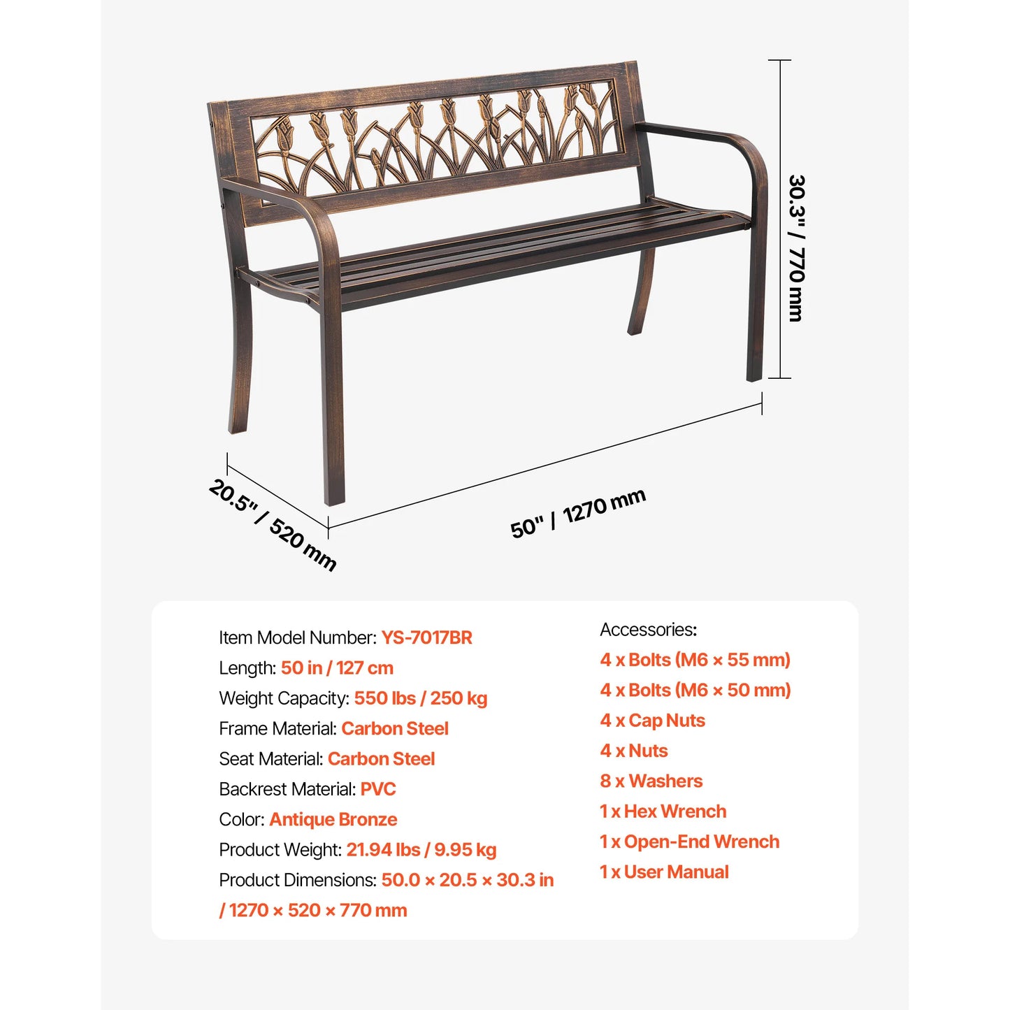 SucceBuy Outdoor Bench Wood Metal Garden Seating 480 Lbs Load Capacity
