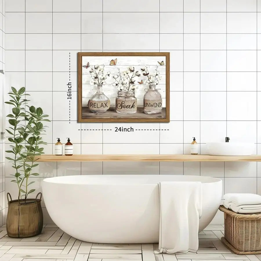 Bathroom Decor Wall Art Framed Rustic Cotton Canvas Painting