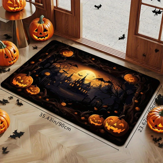 1pc Halloween Doormat - Spooky Pumpkin Haunted House Design with Bats & Moon, Soft Absorbent Polyester Non-Slip PVC Backing, Machine Washable Indoor/Outdoor Mat for Front Door, Kitchen, Bathroom Decor