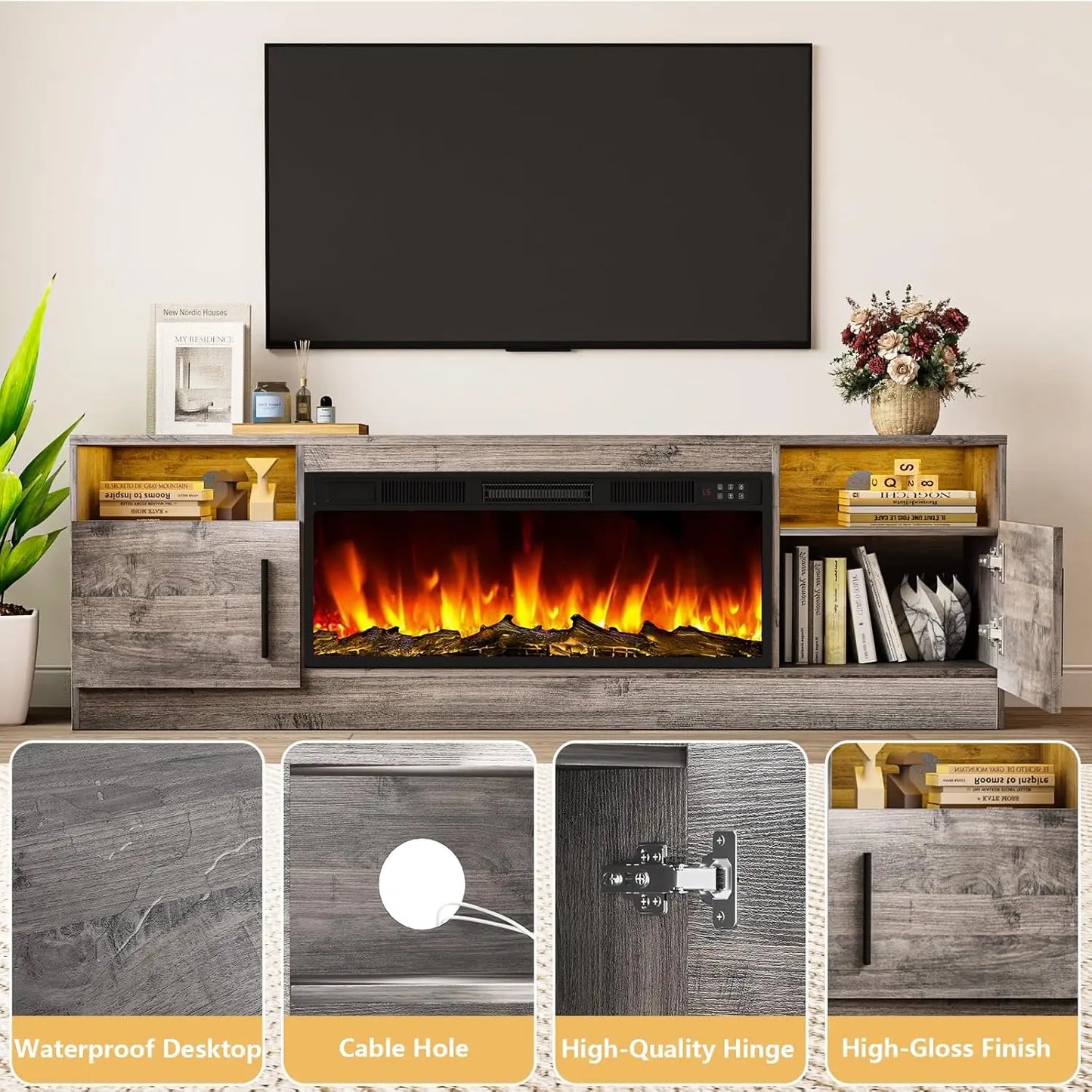 Fireplace TV Stand Entertainment Center with 36" Fireplace, 70" Wooden TV Console for TVs Up to 80", Modern TV Stands for Living