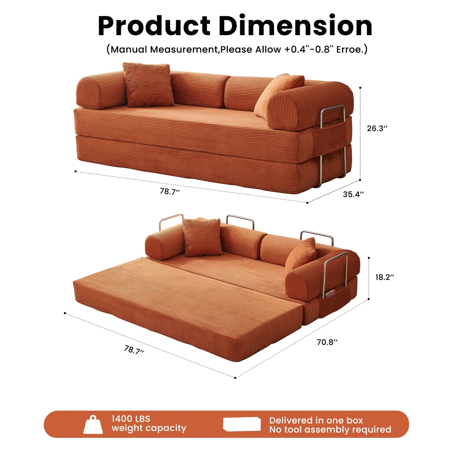 Corduroy Folding Convertible Sofa Bed Sleeper
