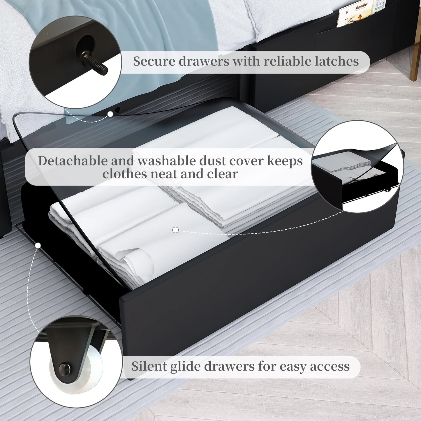 NONECN Queen LED PU Bed Frame with Storage Drawers