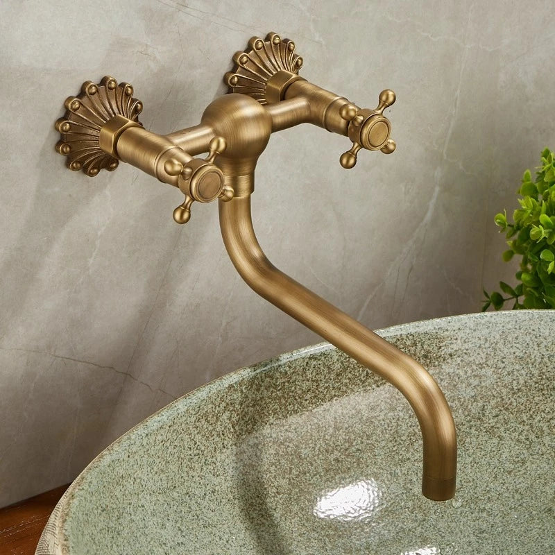 Brass Antique Wall Mounted Washbasin Faucets Double Handle Double Hole Rotatable Wall Mounted Retro Hot and Cold Faucet