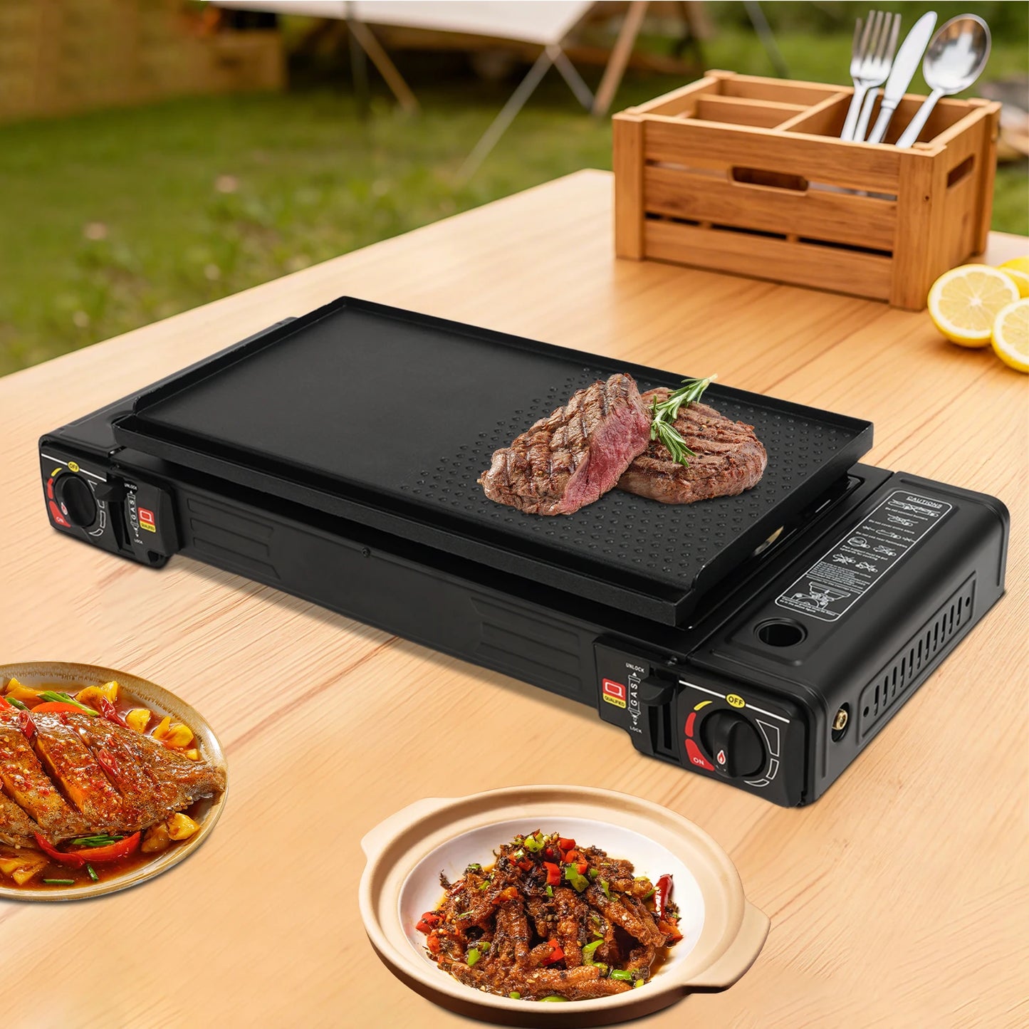 Two Burner Camping Stove With Auto Ignition And Baking Tray