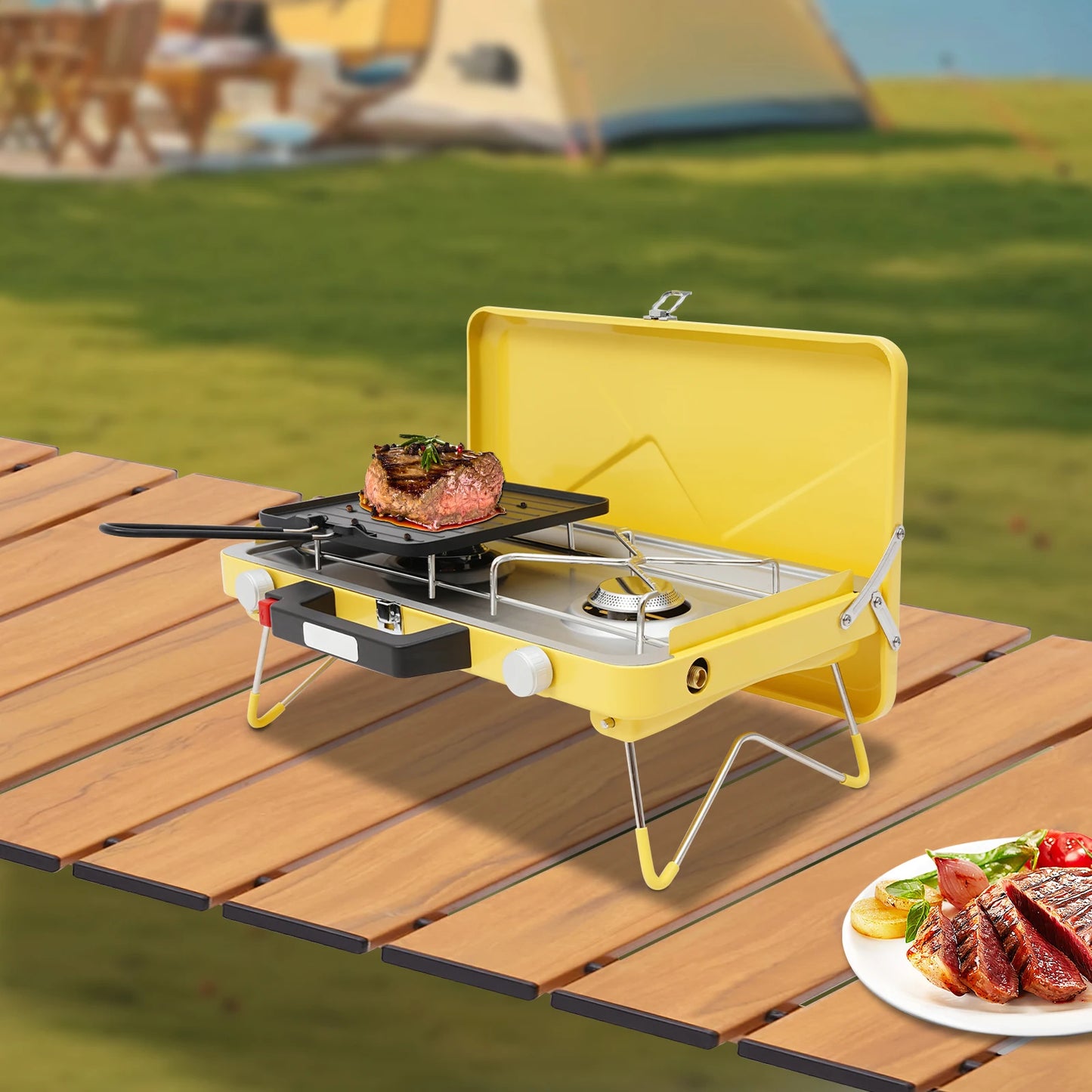 Portable Outdoor Gas Stove,Camping Stove 2 Burners 3500W with Windshield for Picnic,Camping,Family Dinner Yellow