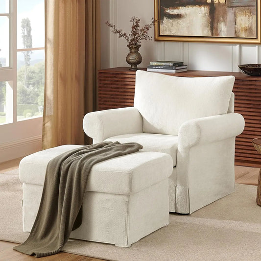 Modern Chenille Accent Chair With Ottoman Reading Armchair Cushion
