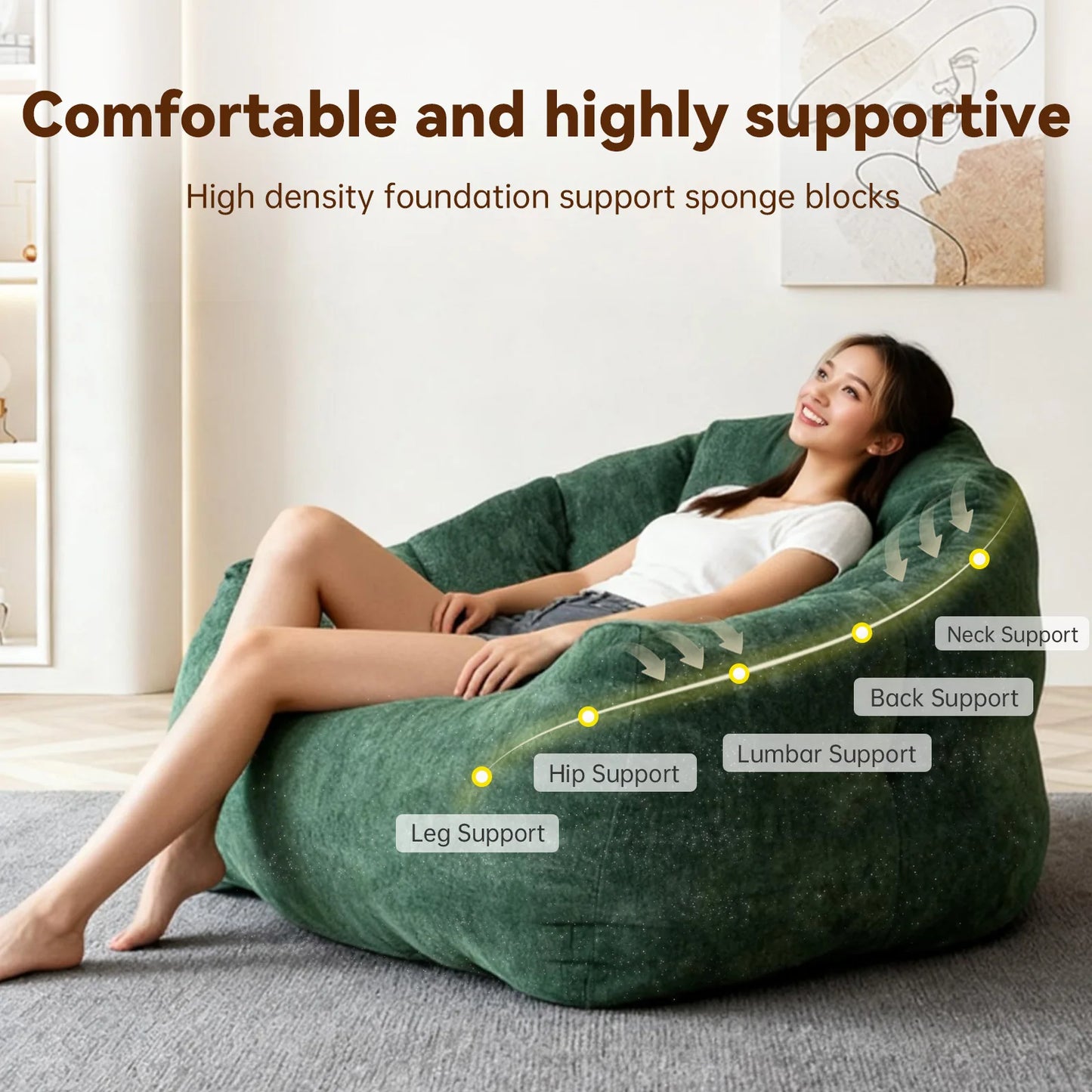 Premium Rabbit Fur Fabric Bean Bag Chair With Memory Foam