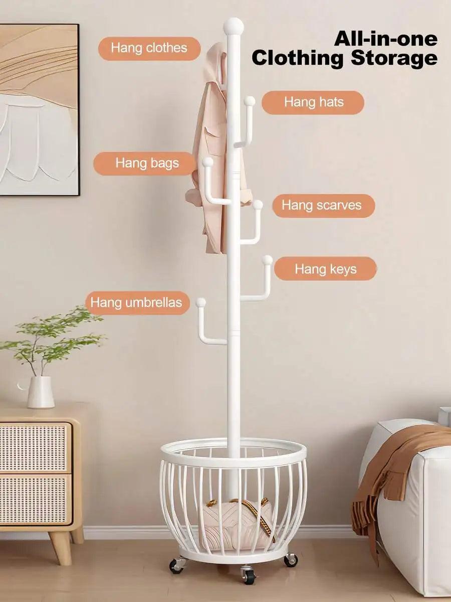 Tree Coat Rack Stand With Clothes Basket, Sturdy Freestanding Coat Rack, Purse Rack Hat Rack Stand, Clothes Rack With Metal Frame, Bedroom Storage Organizeration, Home Decor, Morden Style, Coat Stand Fits Entryway Bedroom Off