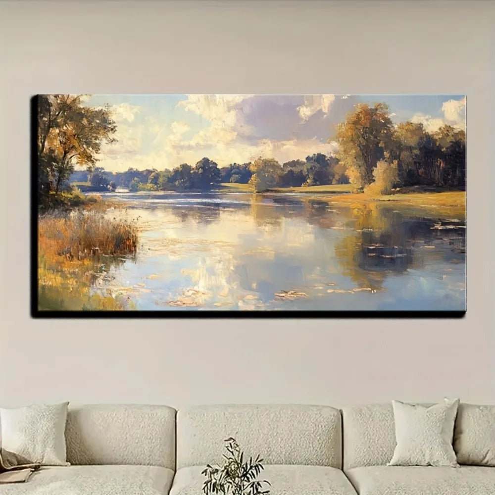 Natural Landscape Oil Painting In Victorian Style With Pine Frame