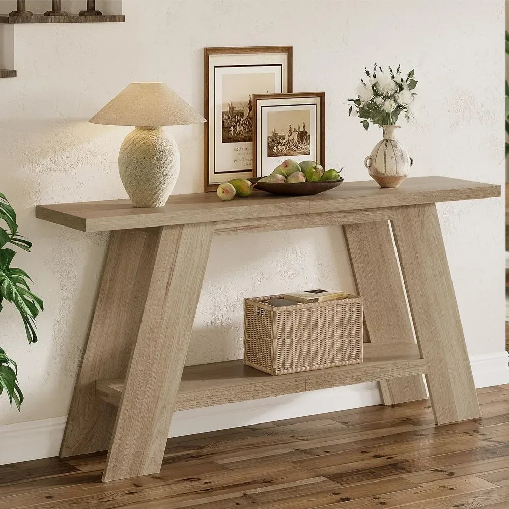 Farmhouse Console Table For Entryway With Two-Tier Wood Shelf