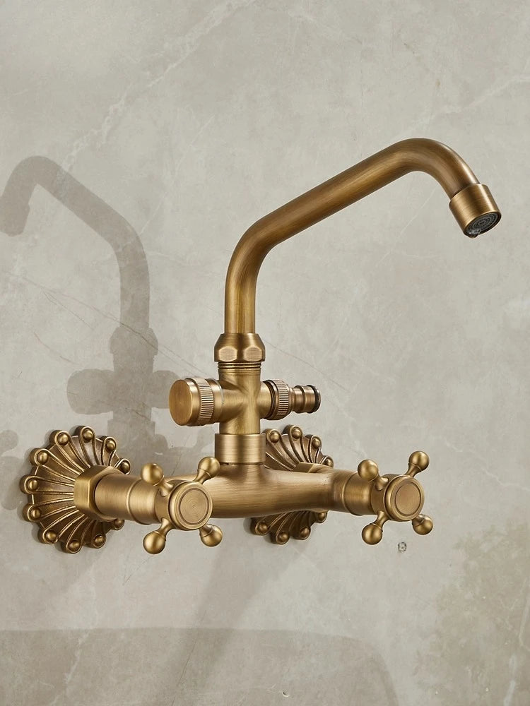 Brass Antique Wall Mounted Washbasin Faucets Double Handle Double Hole Rotatable Wall Mounted Retro Hot and Cold Faucet