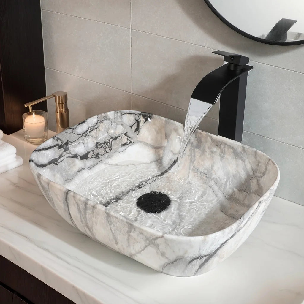 KEMAIDI Marble Pattern Ceramic Bathroom Vessel Sink Set, Multiple Shape Basin with Black Faucet Above-Counter Vanity Sink Kit