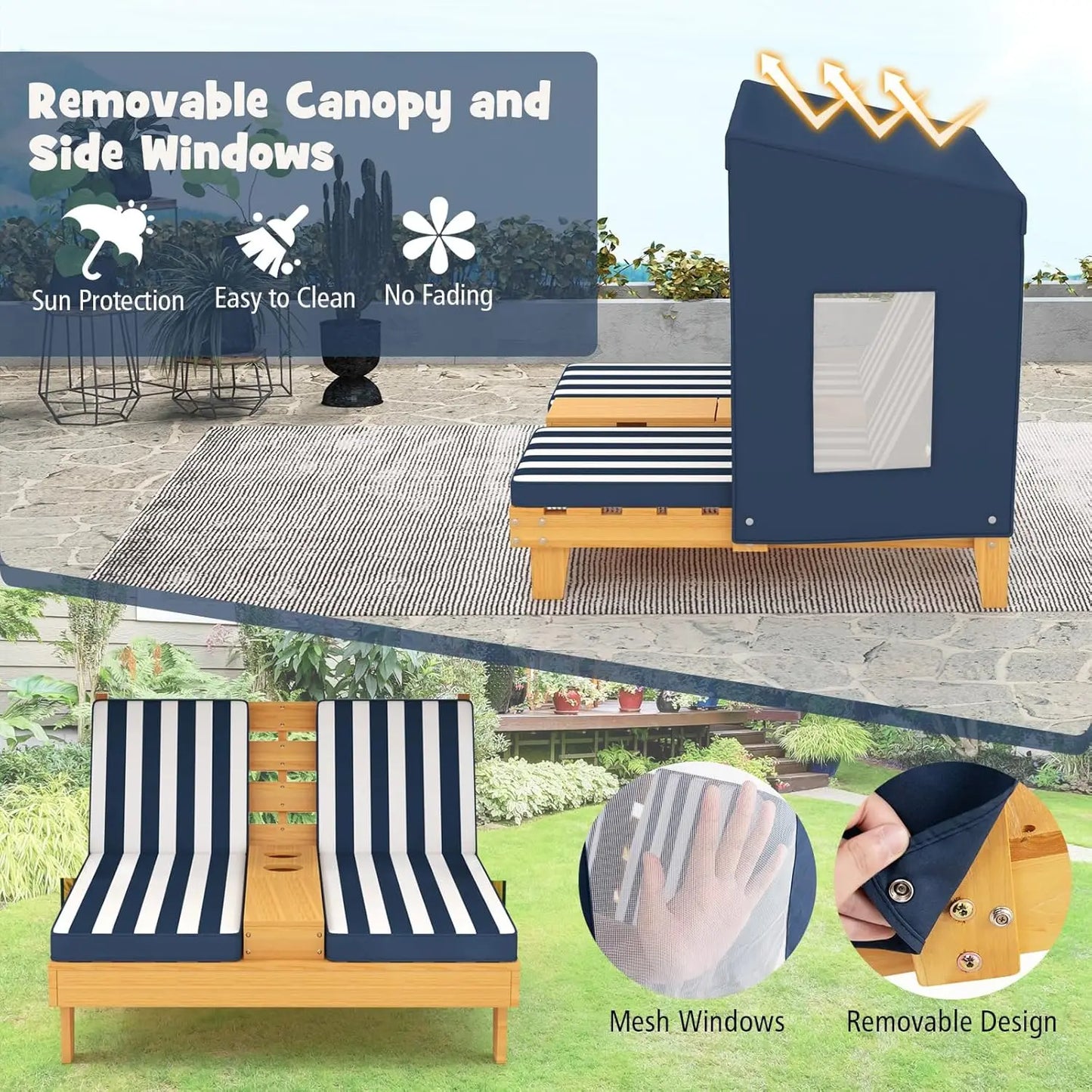 Kids Outdoor Wooden Lounge Chair With Canopy And Cup Holders