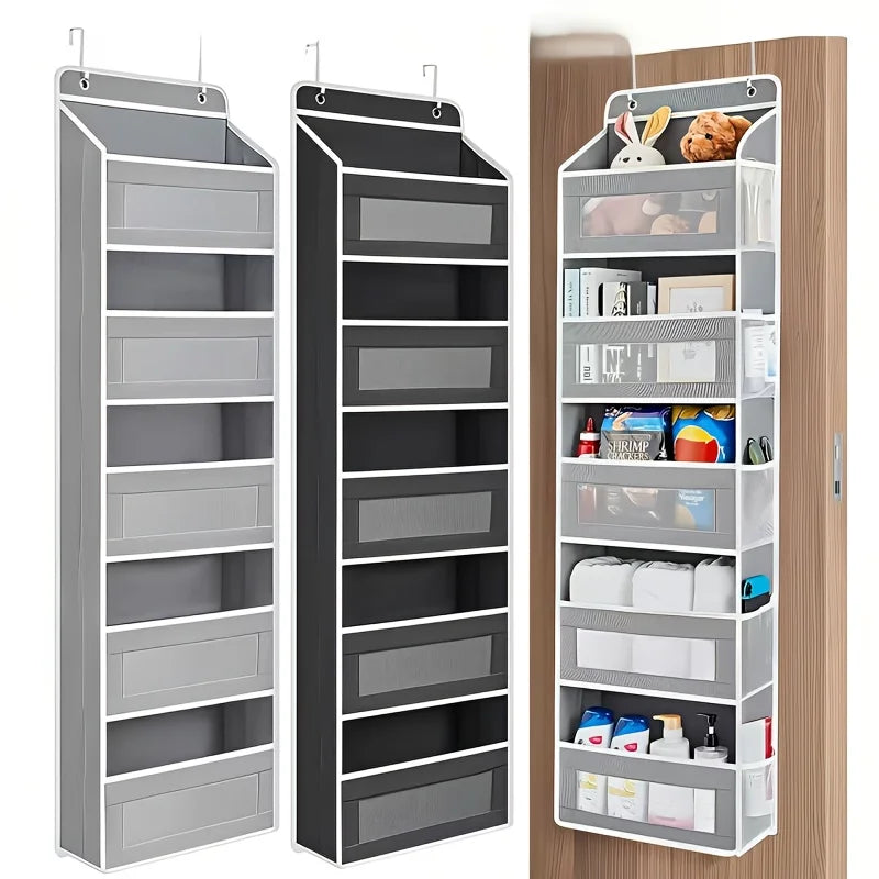 Door Hanging Storage Rack - 5+5 Pockets for Everyday Storage with 5 Large Clear & Mesh Side Pockets Over-The-Door Multi-Pocket Organizer Hangable Black Large Capacity Anti-Tilt Design Heavy-Duty