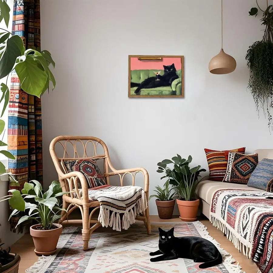 Black Cat Martini Wall Art Eclectic Cocktail Painting Canvas Print