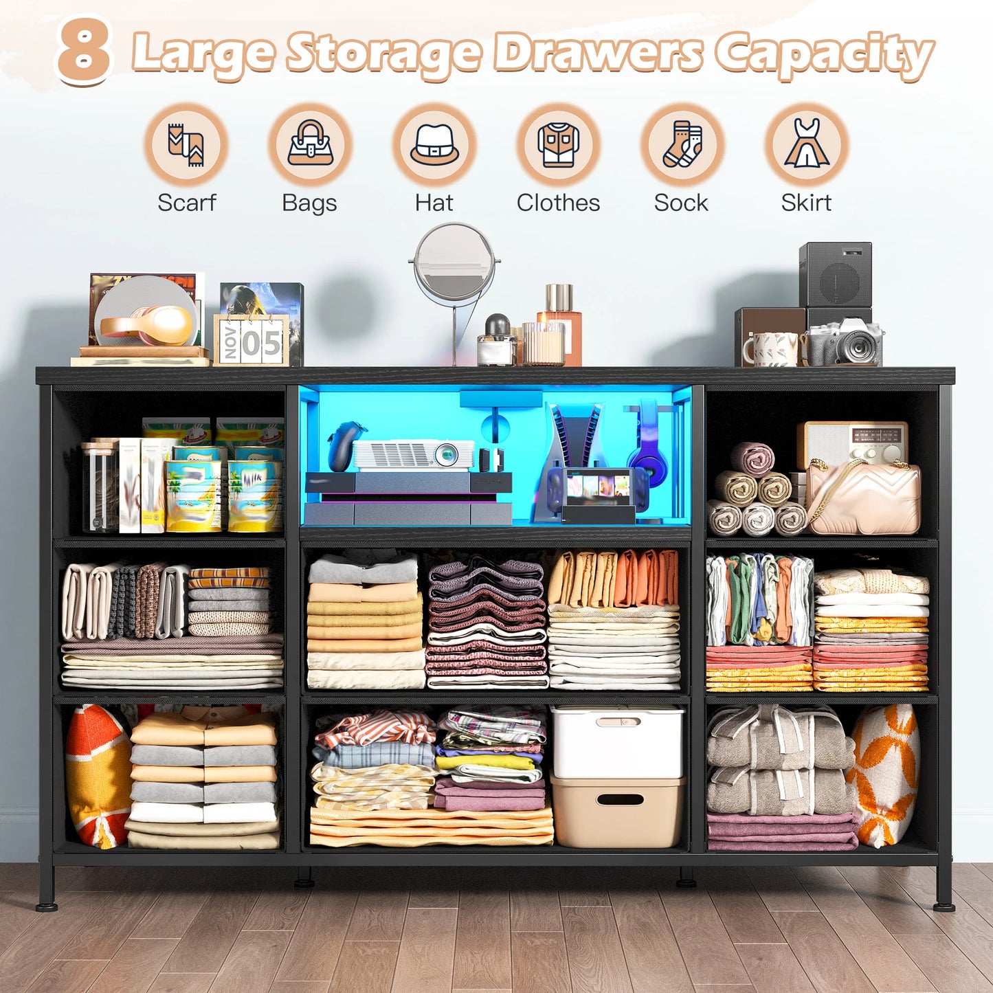 EnHomee 8-Drawer Media Dresser With LED Lighting And Built-In Charging