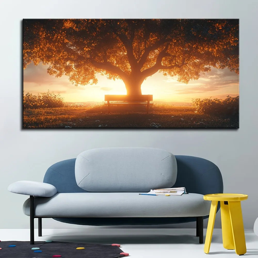 Sunset Tree Golden Sunset Forest Wall Art in Pine Frame