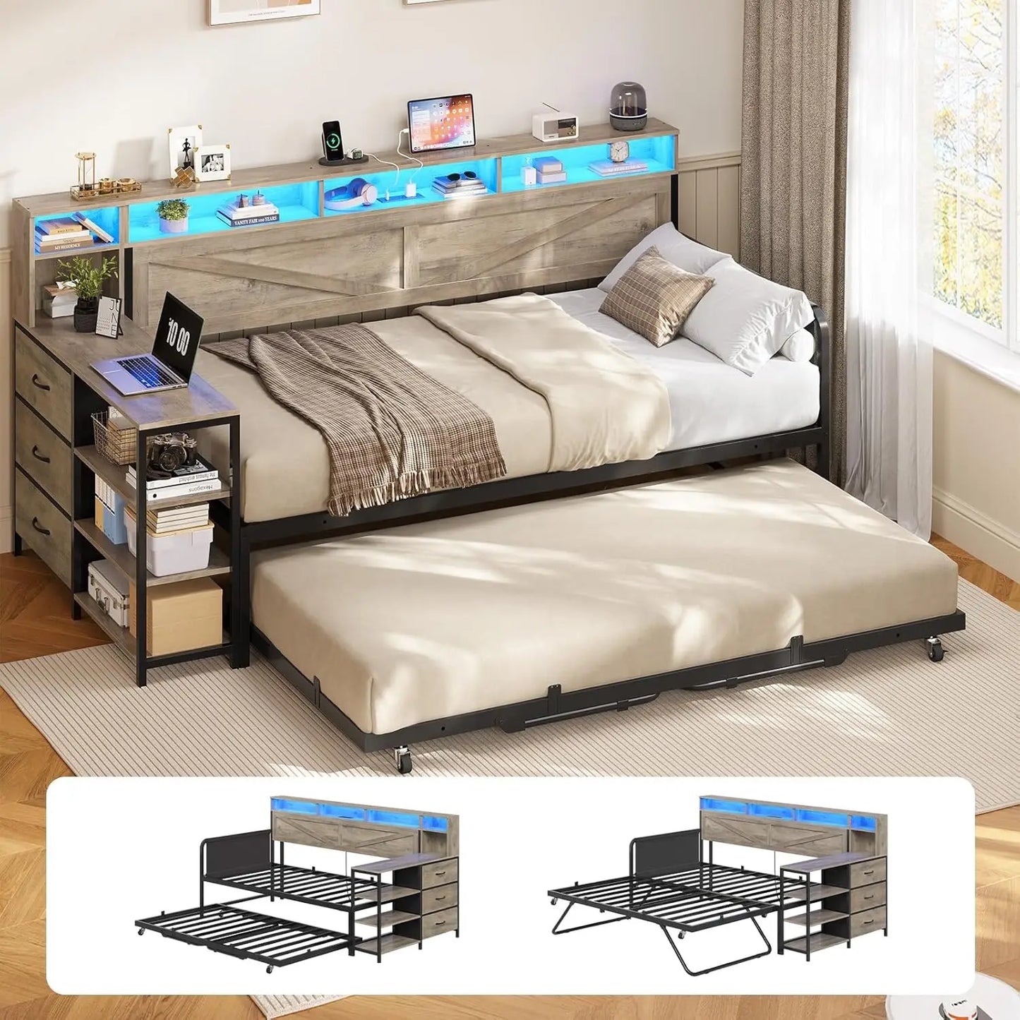 BIANXIANG Daybed With Trundle And Storage Drawers Farmhouse Wood