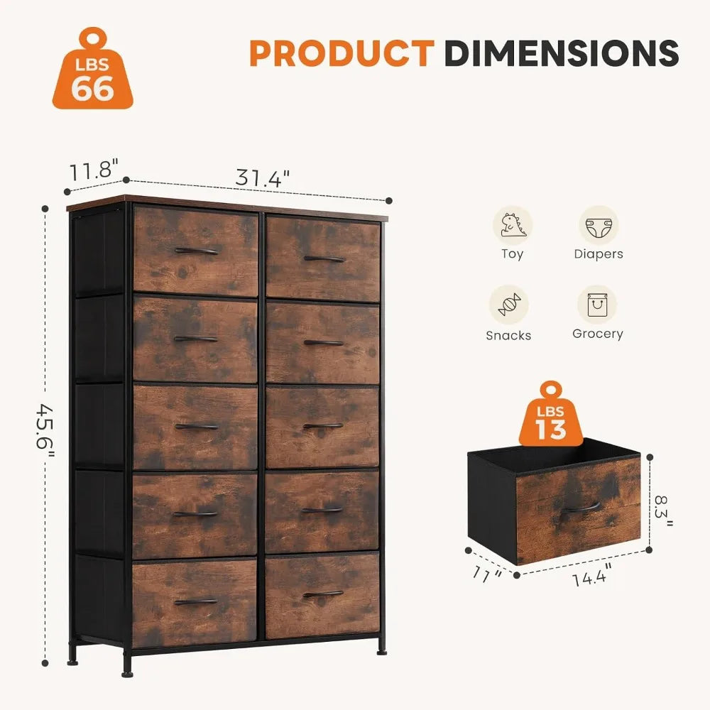10-Drawer Tall Dresser With Fabric Bins And Anti-Tip