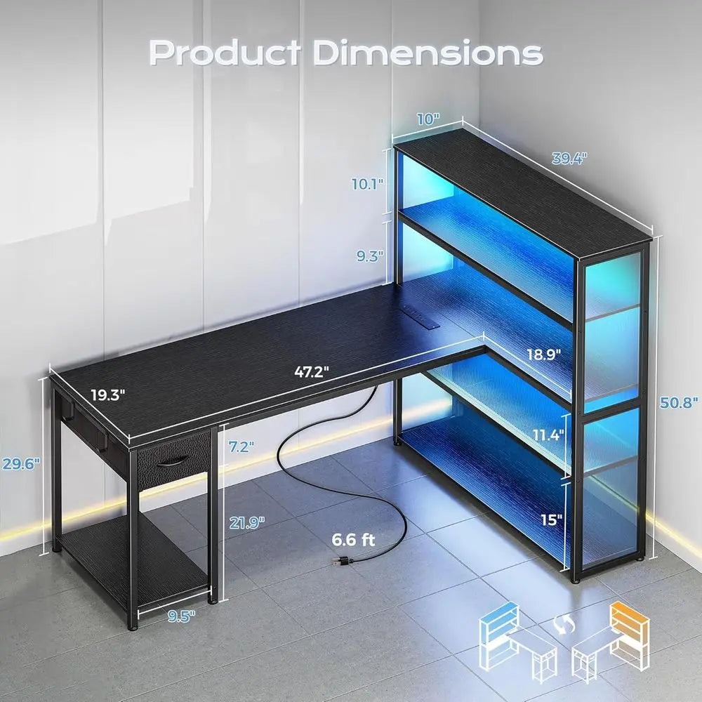 57 Inch L Shaped Gaming Computer Desk with Larger Open Cabinet, Reverisble Oice Desk with Power Outlets, LED Lights, Work Desk,